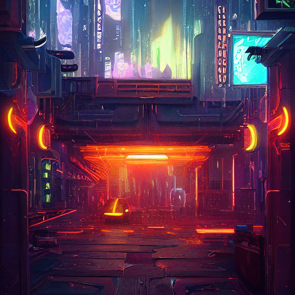 Cyberpunk dystopian cityscape, futuristic in a foggy neon city.